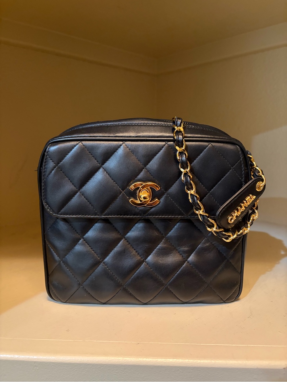 Chanel Black Quilted Lambskin Rectangle Flap with zipper top Camera Bag. Vintage